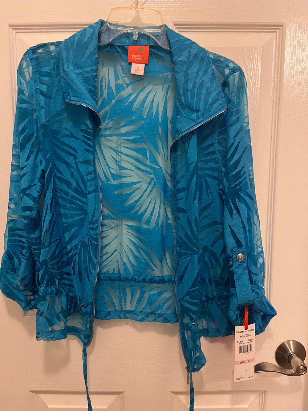 hearts of palm Blue Palm-Print Sheer Zip Jacket